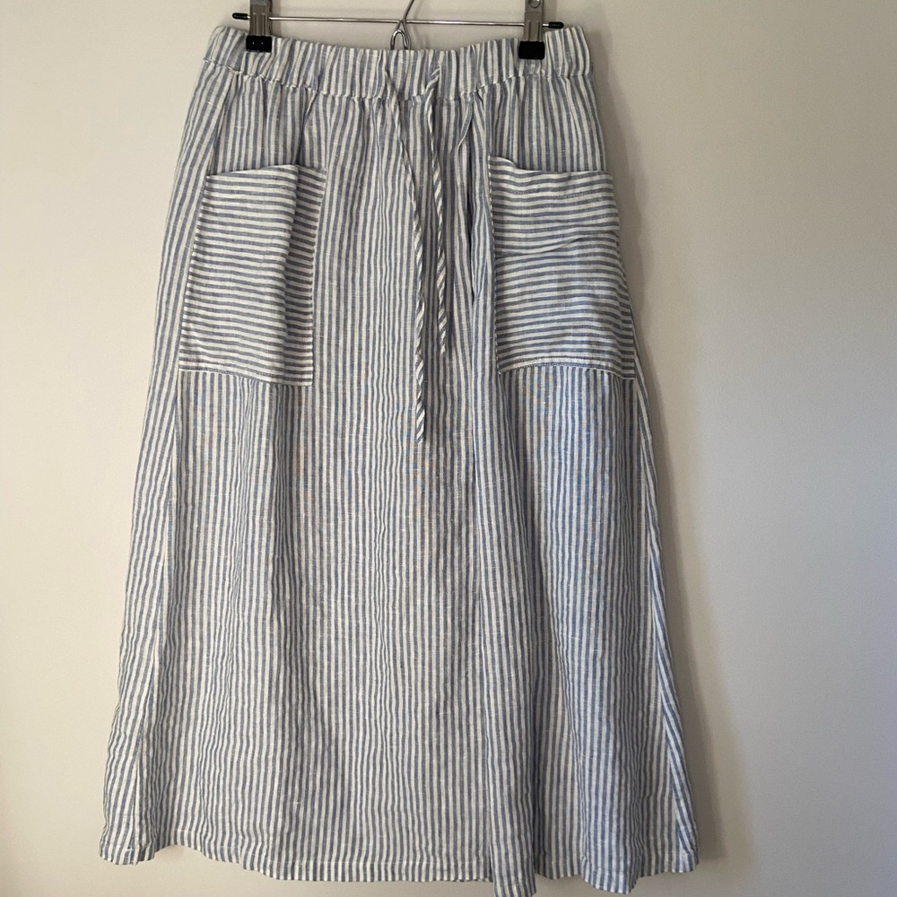 Lintico Blue and White Striped Linen Midi Skirt with Drawstring Waist
